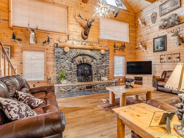 living area featuring high vaulted ceiling, a fireplace, wood finished floors, and wooden walls