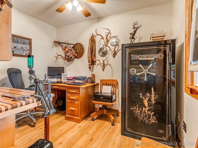 office with ceiling fan and light wood finished floors