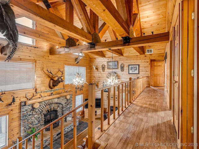 hallway with visible vents, light wood-style flooring, beamed ceiling, wood walls, and high vaulted ceiling