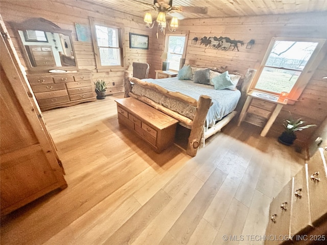 bedroom with wood ceiling, ceiling fan, wooden walls, and wood finished floors