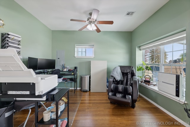 office featuring ceiling fan and dark hardwood / wood-style flooring