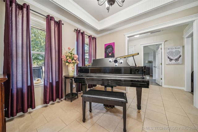 miscellaneous room with crown molding, a healthy amount of sunlight, and light tile patterned floors