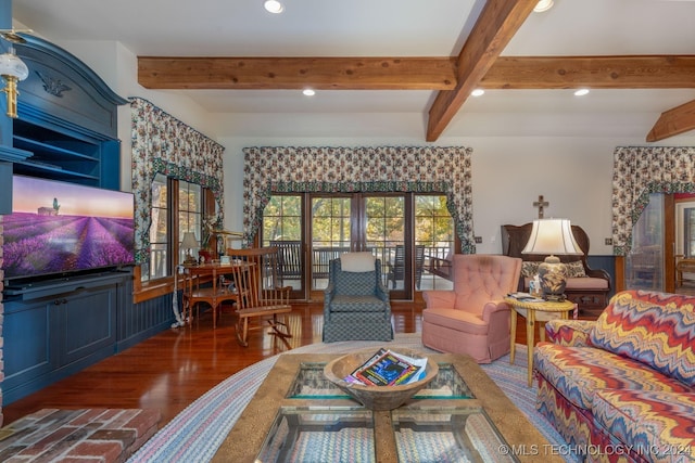 living room featuring french doors, beamed ceiling, and dark hardwood / wood-style flooring