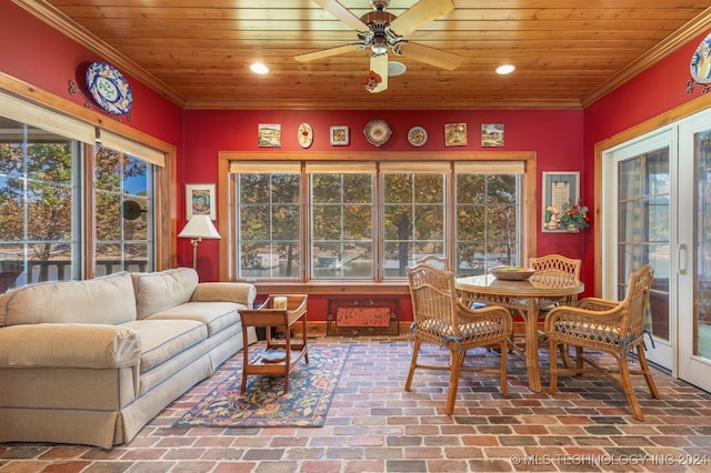 sunroom / solarium featuring ceiling fan, wooden ceiling, and plenty of natural light