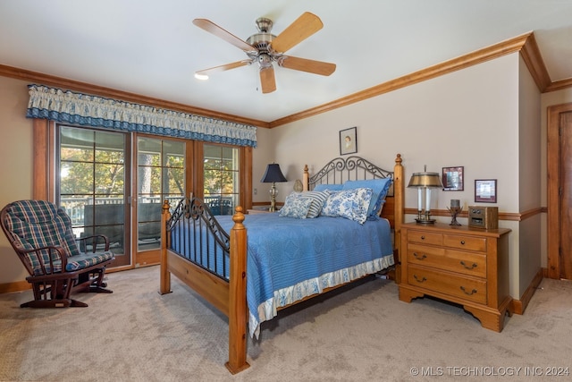 bedroom featuring ceiling fan, light carpet, multiple windows, and access to exterior