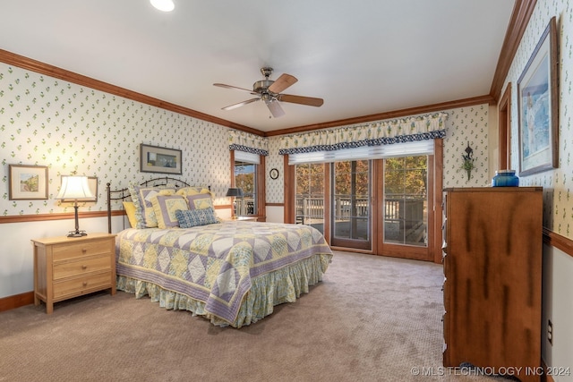 carpeted bedroom featuring access to outside, crown molding, and ceiling fan