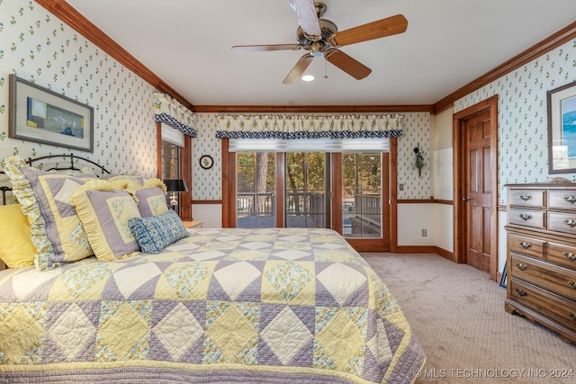 carpeted bedroom featuring crown molding, access to exterior, and ceiling fan