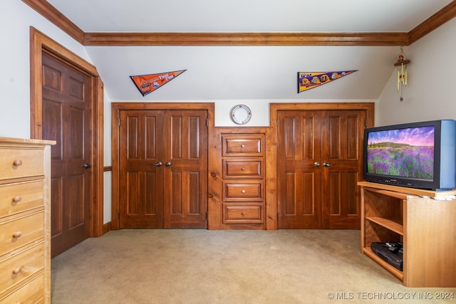 interior space featuring ornamental molding, vaulted ceiling, and light carpet