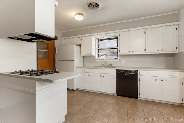 kitchen with dishwasher, exhaust hood, sink, stainless steel gas stovetop, and white fridge