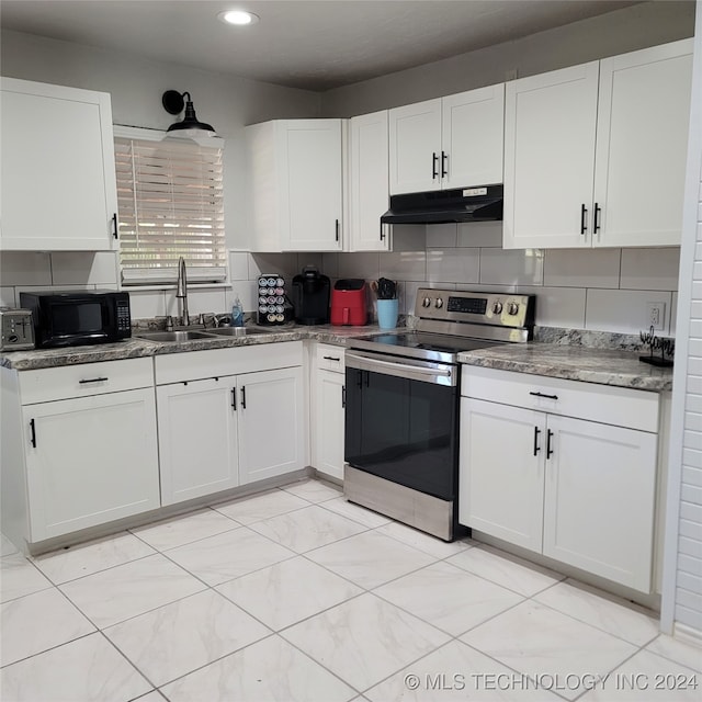 kitchen featuring stainless steel electric stove, white cabinetry, and sink