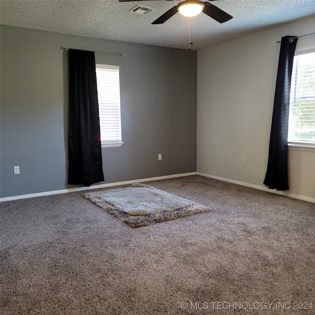 spare room featuring a textured ceiling, carpet floors, and ceiling fan