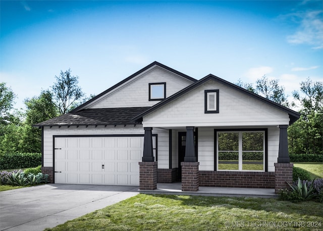 view of front of property with a garage, a front lawn, and a porch