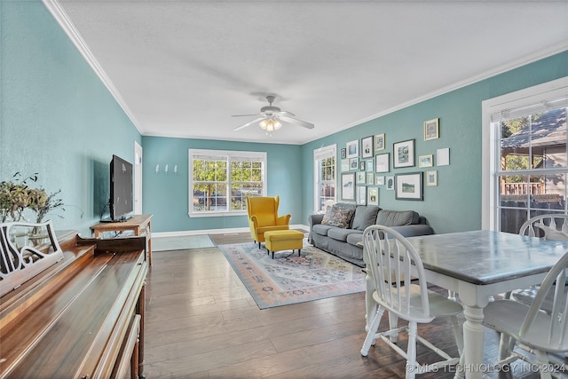 living room featuring crown molding, dark wood-type flooring, and ceiling fan