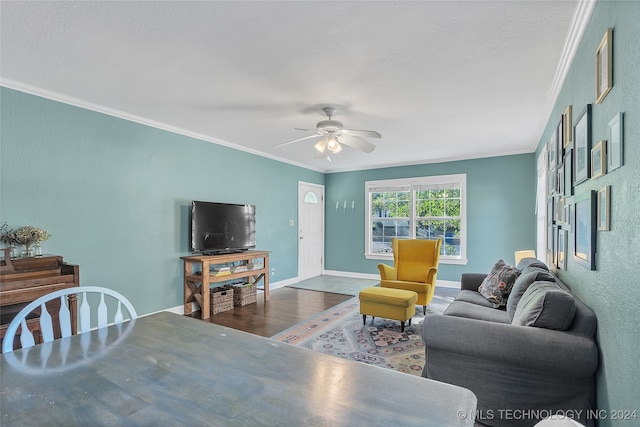 living room featuring ceiling fan, hardwood / wood-style flooring, and ornamental molding