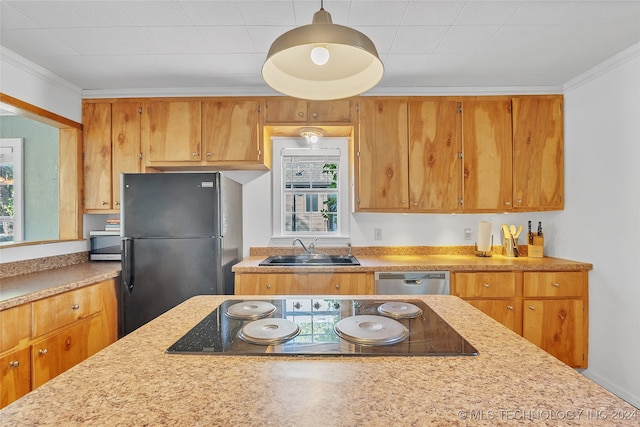 kitchen featuring black appliances, sink, decorative light fixtures, and ornamental molding