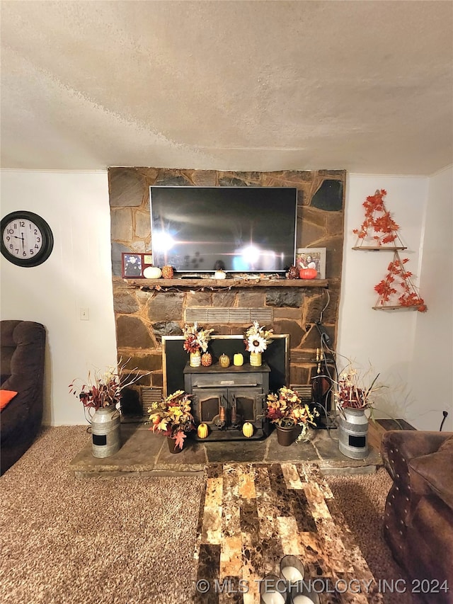 living room featuring a textured ceiling and a wood stove