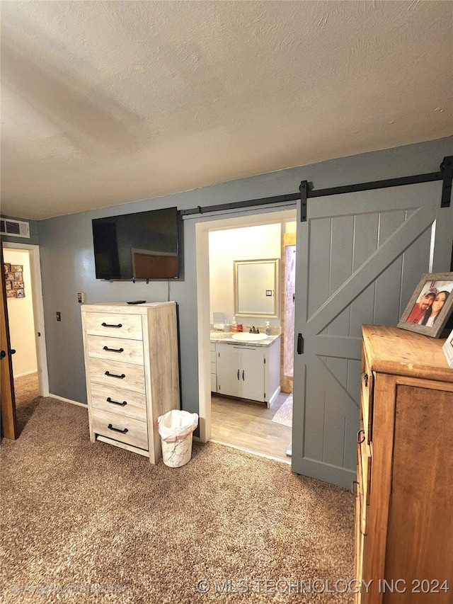 carpeted bedroom with a barn door, sink, ensuite bath, and a textured ceiling