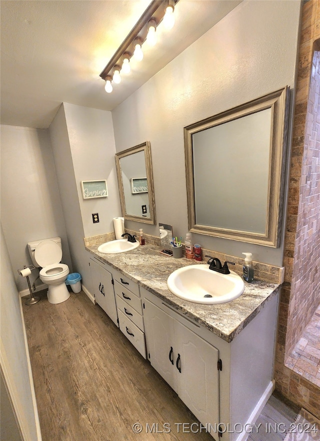 bathroom with wood-type flooring, vanity, and toilet