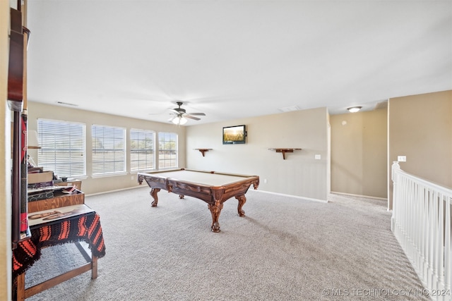 game room featuring light carpet, pool table, and ceiling fan