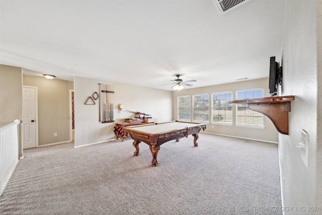 playroom with light carpet, pool table, and ceiling fan