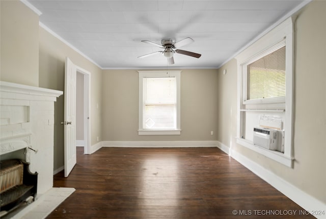 unfurnished living room with crown molding, ceiling fan, cooling unit, and dark hardwood / wood-style flooring