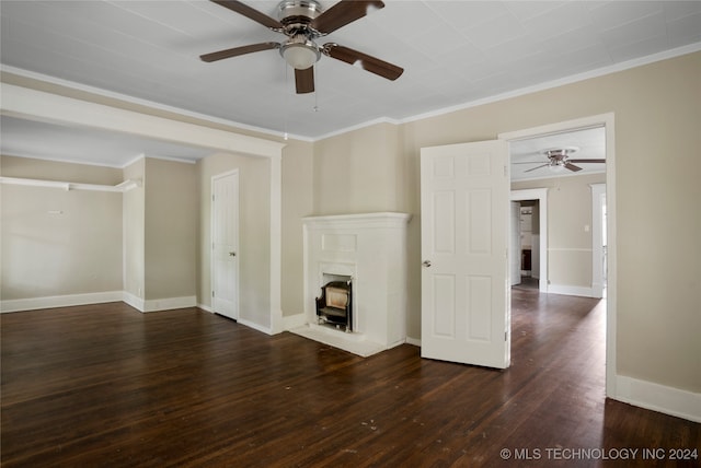 unfurnished living room with ornamental molding, ceiling fan, and dark hardwood / wood-style flooring