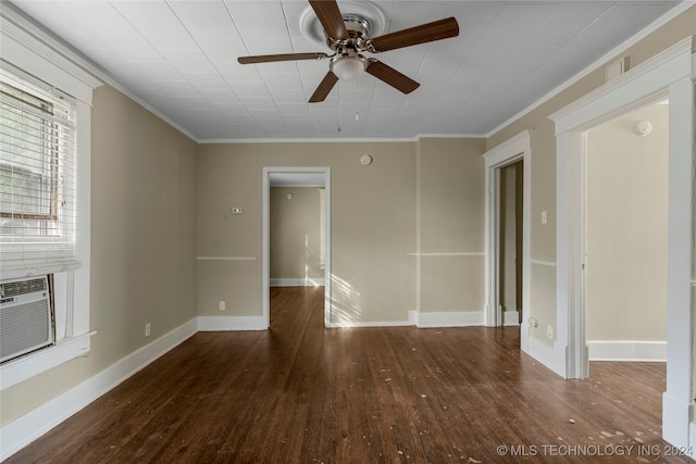 unfurnished living room featuring crown molding, dark hardwood / wood-style floors, and ceiling fan