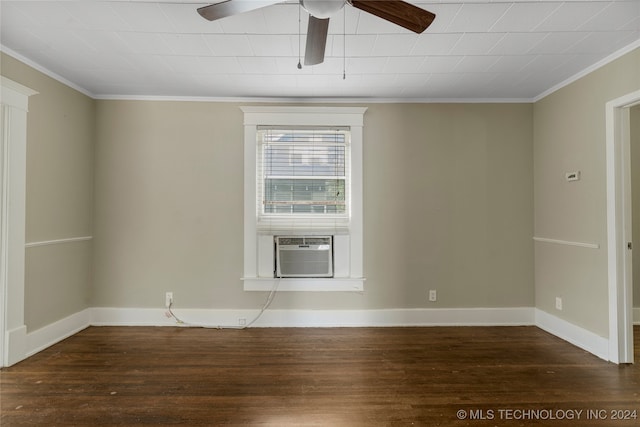 unfurnished room featuring crown molding, cooling unit, ceiling fan, and dark hardwood / wood-style flooring