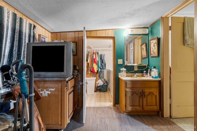 bathroom with vanity, wooden walls, and a textured ceiling