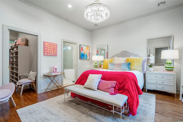 bedroom featuring dark wood-type flooring and crown molding