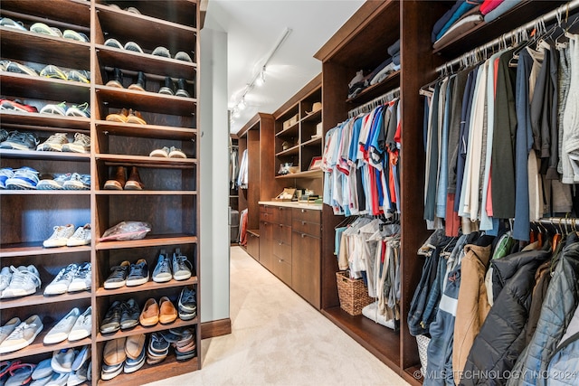 walk in closet with light colored carpet