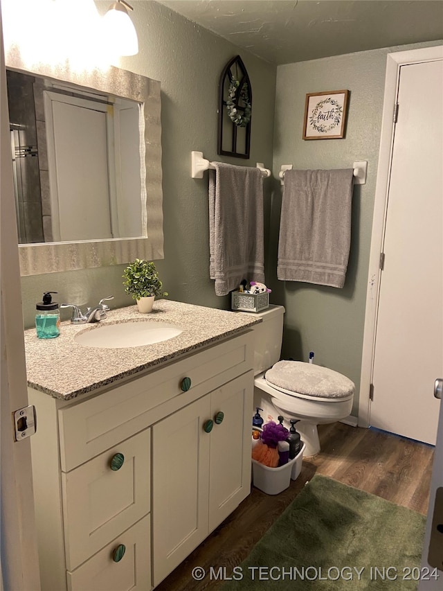 bathroom with wood-type flooring, vanity, and toilet