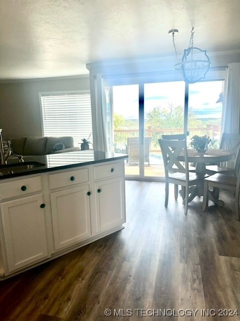 125 Falconhead Unit E, Burneyville, OK 73430 - kitchen with healthy amount of natural light, dark wood finished floors, dark countertops, white cabinetry, and crown molding