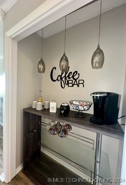 bar with dark hardwood / wood-style floors