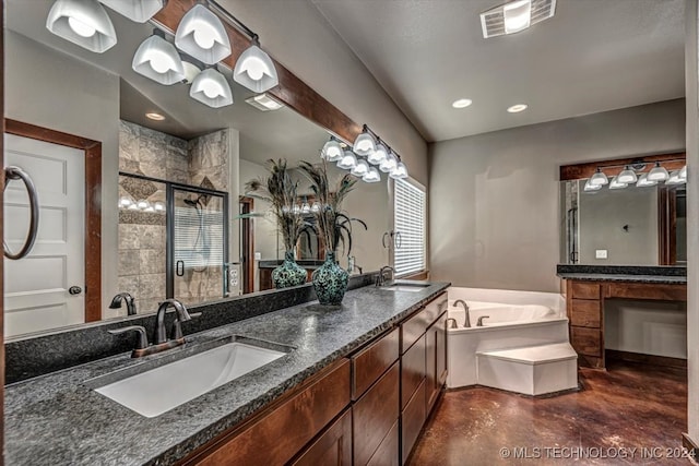 bathroom with vanity, independent shower and bath, and concrete flooring