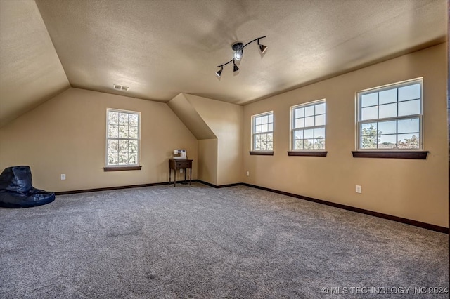 bonus room with lofted ceiling, a textured ceiling, and carpet floors