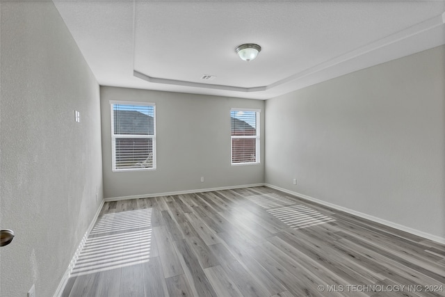 spare room with hardwood / wood-style flooring and a tray ceiling