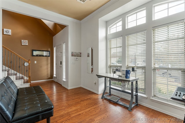 entrance foyer with lofted ceiling, ornamental molding, and hardwood / wood-style flooring