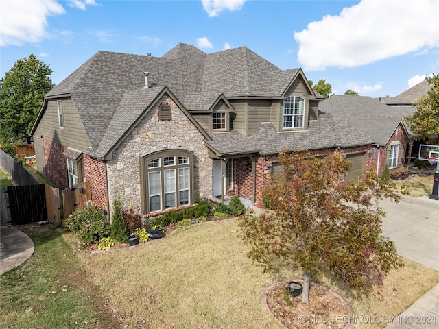 view of front of house featuring a front lawn and a garage