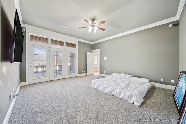 carpeted bedroom with crown molding, access to exterior, and ceiling fan