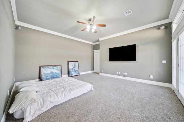 carpeted bedroom with crown molding and ceiling fan