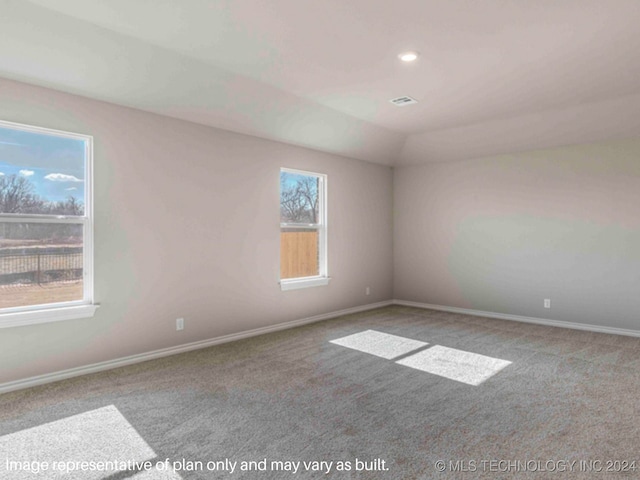 spare room with lofted ceiling, carpet flooring, and plenty of natural light