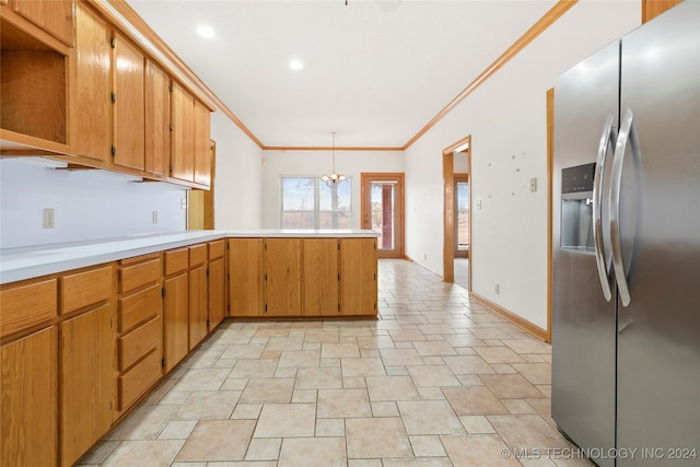 kitchen with kitchen peninsula, stainless steel fridge, decorative light fixtures, crown molding, and a chandelier