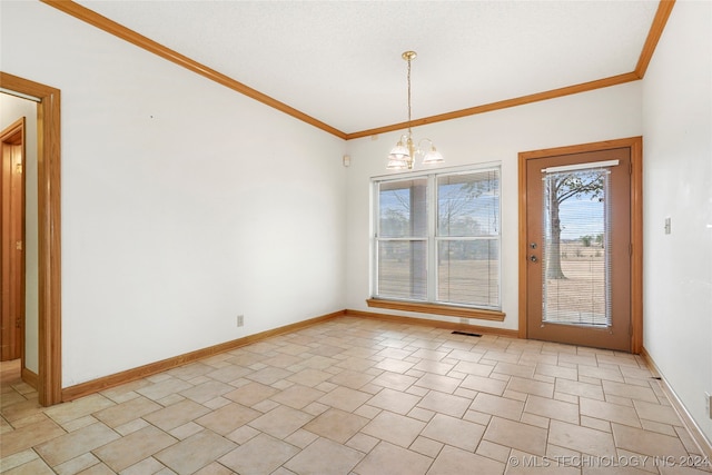 unfurnished dining area with an inviting chandelier and ornamental molding