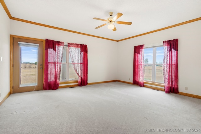 carpeted spare room with ornamental molding and ceiling fan