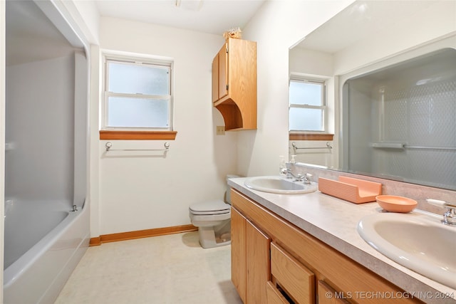 full bathroom with vanity, toilet, and shower / bathtub combination