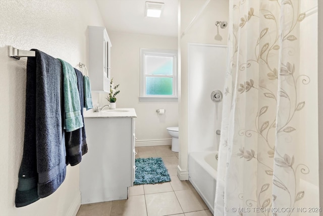 full bathroom featuring vanity, shower / bathtub combination with curtain, toilet, and tile patterned floors