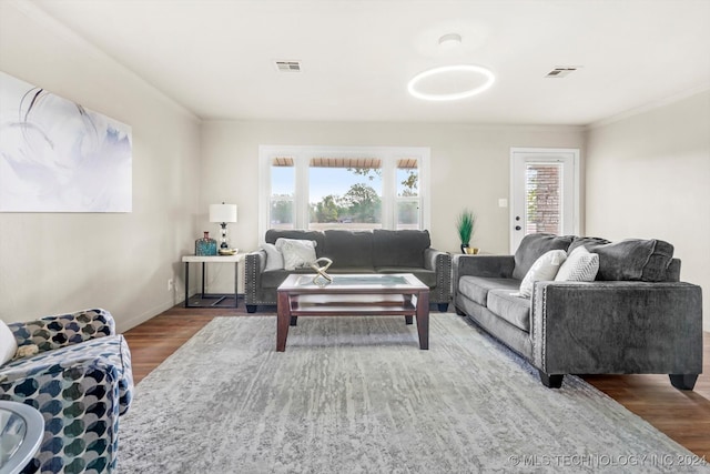 living room with ornamental molding and hardwood / wood-style floors