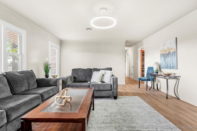 living room featuring crown molding and light wood-type flooring