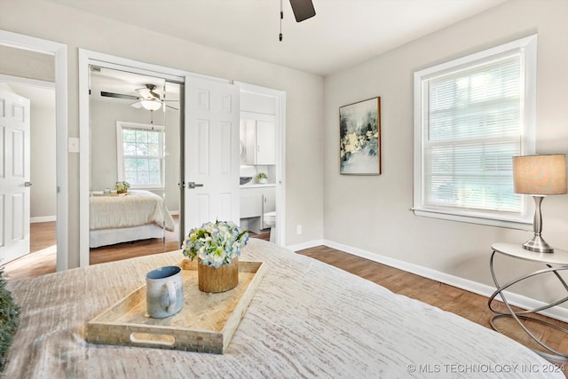 interior space featuring hardwood / wood-style flooring and ceiling fan